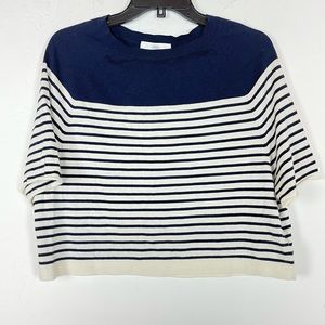 Allude Sweater Cropped Boxy Striped Navy Blue Top